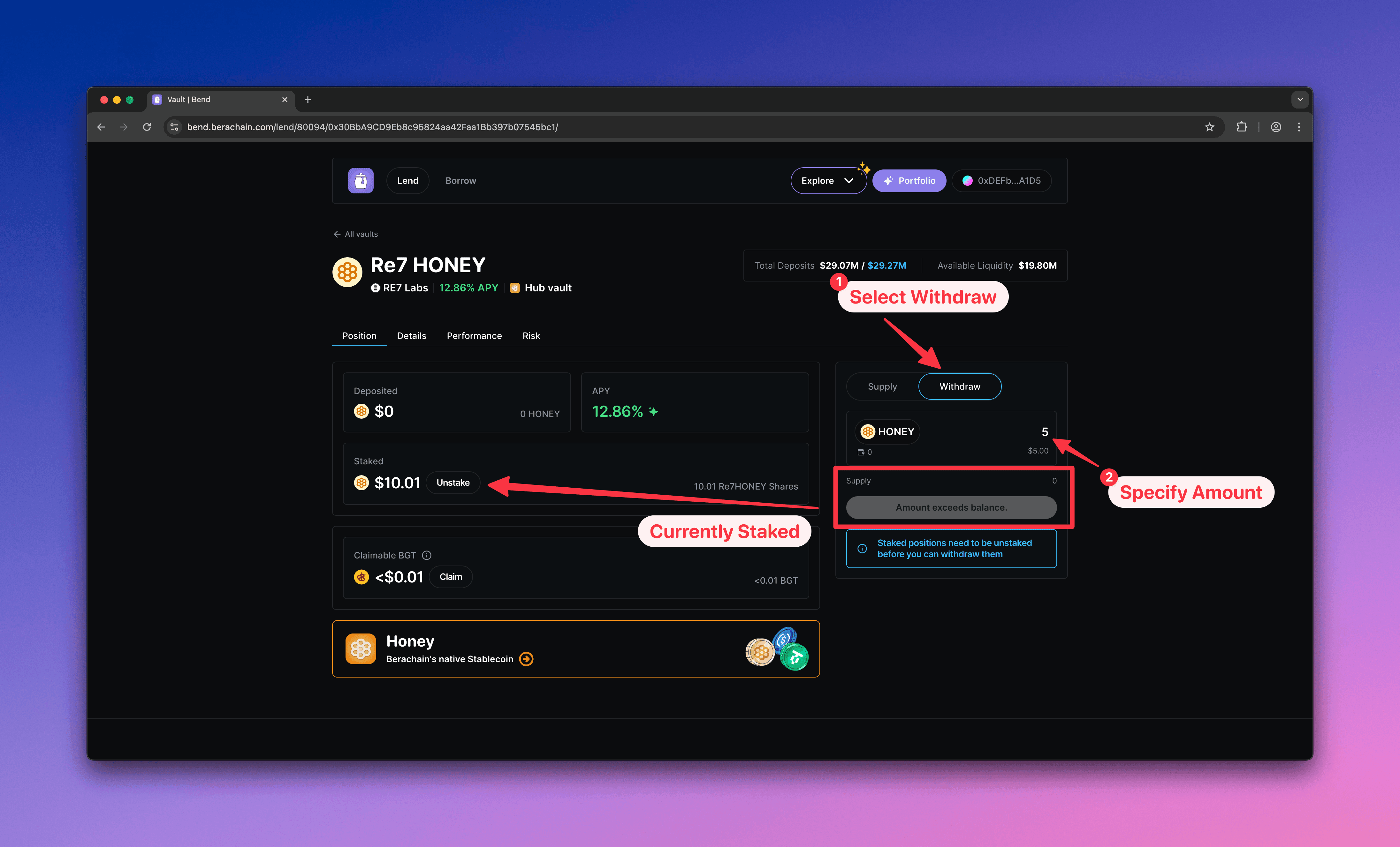 Berachain Bend - Configure Withdraw
