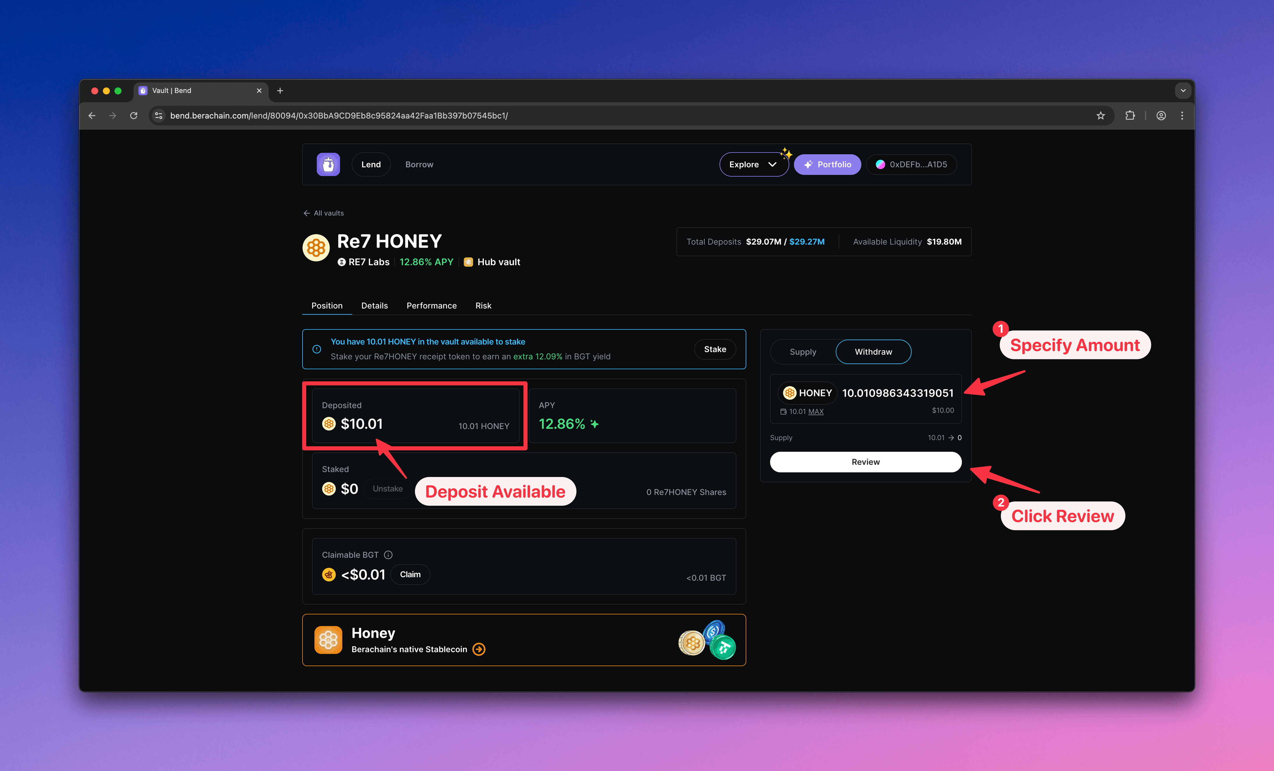 Berachain Bend - Configure Withdraw
